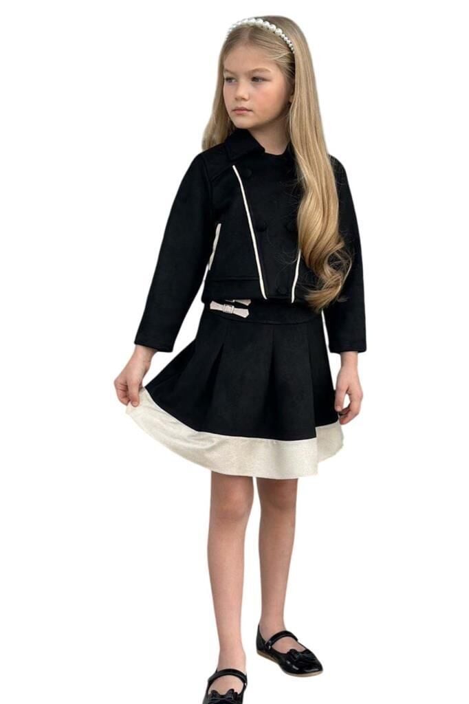 Kız Çocuk Asimetrik Kesim Gömlek Yaka Ceket Eteği Şerit Detaylı Pliseli Süet Siyah Etekli Takım