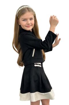 Kız Çocuk Asimetrik Kesim Gömlek Yaka Ceket Eteği Şerit Detaylı Pliseli Süet Siyah Etekli Takım