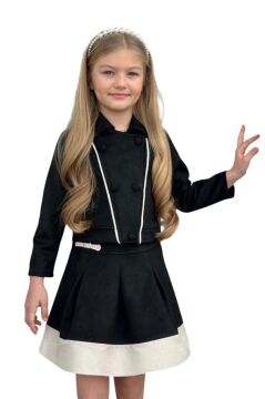Kız Çocuk Asimetrik Kesim Gömlek Yaka Ceket Eteği Şerit Detaylı Pliseli Süet Siyah Etekli Takım
