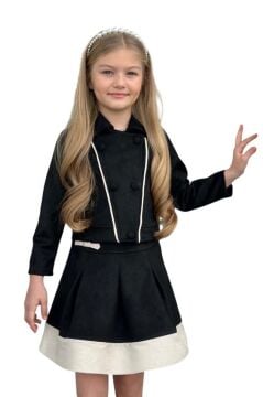 Kız Çocuk Asimetrik Kesim Gömlek Yaka Ceket Eteği Şerit Detaylı Pliseli Süet Siyah Etekli Takım