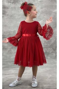 Kız Çocuk Üzeri Puantiye Detaylı Kolları Şeffaf Tüllü Prenses Kırmızı Elbise