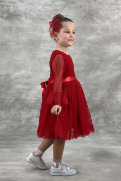 Kız Çocuk Üzeri Puantiye Detaylı Kolları Şeffaf Tüllü Prenses Kırmızı Elbise