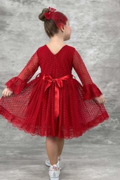 Kız Çocuk Üzeri Puantiye Detaylı Kolları Şeffaf Tüllü Prenses Kırmızı Elbise