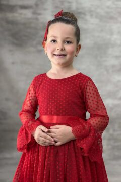 Kız Çocuk Üzeri Puantiye Detaylı Kolları Şeffaf Tüllü Prenses Kırmızı Elbise