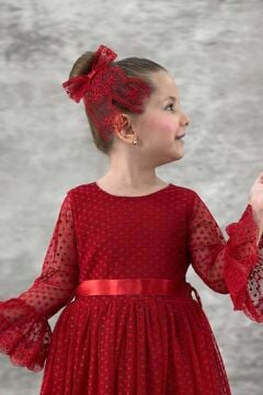 Kız Çocuk Üzeri Puantiye Detaylı Kolları Şeffaf Tüllü Prenses Kırmızı Elbise