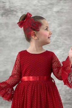 Kız Çocuk Üzeri Puantiye Detaylı Kolları Şeffaf Tüllü Prenses Kırmızı Elbise