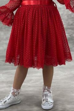 Kız Çocuk Üzeri Puantiye Detaylı Kolları Şeffaf Tüllü Prenses Kırmızı Elbise