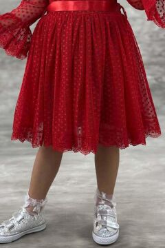 Kız Çocuk Üzeri Puantiye Detaylı Kolları Şeffaf Tüllü Prenses Kırmızı Elbise