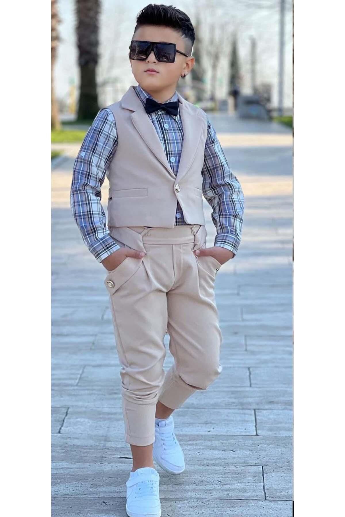 Erkek Çocuk Gümüş Düğme Detaylı Yelek Papyonlu Ekose Çizgili Gömlek Krem Alt Üst Takım