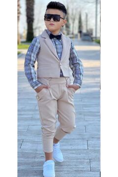 Erkek Çocuk Gümüş Düğme Detaylı Yelek Papyonlu Ekose Çizgili Gömlek Krem Alt Üst Takım