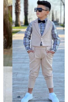 Erkek Çocuk Gümüş Düğme Detaylı Yelek Papyonlu Ekose Çizgili Gömlek Krem Alt Üst Takım