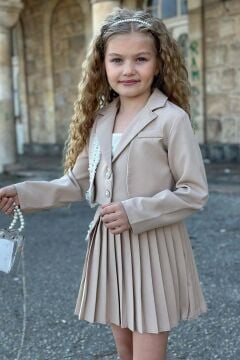 Kız Çocuk Güpür Ve İnci Şerit Detaylı Ceket Asimetrik Kesim Piliseli Bej Etekli Takım