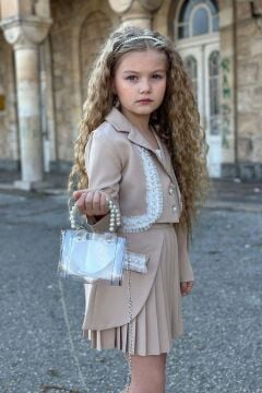 Kız Çocuk Güpür Ve İnci Şerit Detaylı Ceket Asimetrik Kesim Piliseli Bej Etekli Takım