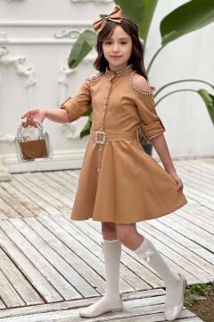 Kız Çocuk Omuzu ve Yakası Taş İşlemeli Kahverengi Elbise