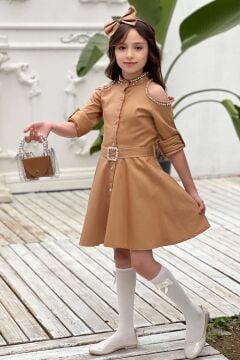 Kız Çocuk Omuzu ve Yakası Taş İşlemeli Kahverengi Elbise