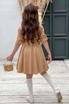 Kız Çocuk Omuzu ve Yakası Taş İşlemeli Kahverengi Elbise