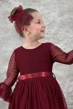 Kız Çocuk Üzeri Puantiye Detaylı Kolları Şeffaf Tüllü Prenses Bordo Elbise