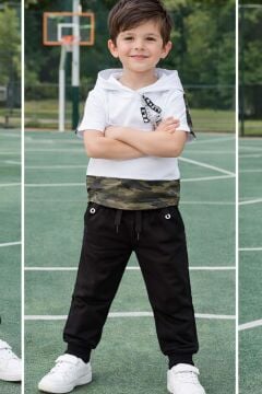 Erkek Çocuk Kapüşonlu ve Kamuflaj Desenli T-Shirt Paçası Lastikli Siyah Eşofman Takım