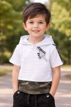 Erkek Çocuk Kapüşonlu ve Kamuflaj Desenli T-Shirt Paçası Lastikli Siyah Eşofman Takım