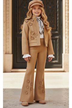 Kız Çocuk Kristal Taş Düğmeli Şifon Gömlek Çiçek Desen İşlemeli Ceket Süet Taba Alt Üst Takım