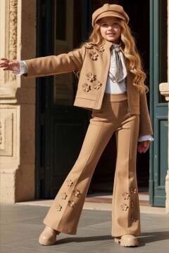 Kız Çocuk Kristal Taş Düğmeli Şifon Gömlek Çiçek Desen İşlemeli Ceket Süet Taba Alt Üst Takım