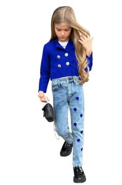 Kız Çocuk Gümüş Düğme Detaylı Lacivert Blazer Ceket Kalp Detaylı Jean Pantolon Alt Üst Takım