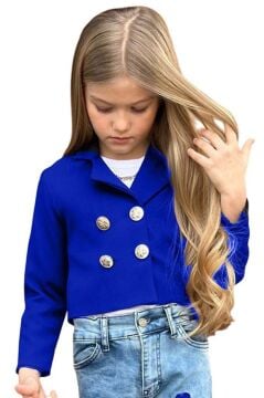 Kız Çocuk Gümüş Düğme Detaylı Lacivert Blazer Ceket Kalp Detaylı Jean Pantolon Alt Üst Takım