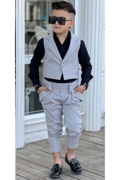 Erkek Çocuk Gümüş Düğme Detaylı Yelek Gabardin Siyah Gömlek Gri Alt Üst Takım