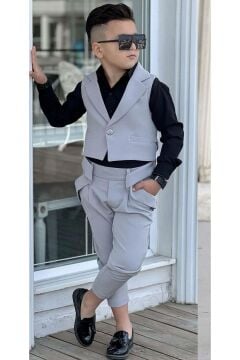 Erkek Çocuk Gümüş Düğme Detaylı Yelek Gabardin Siyah Gömlek Gri Alt Üst Takım