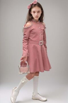 Kız Çocuk Omuzu ve Yakası Taş İşlemeli Pudra Elbise