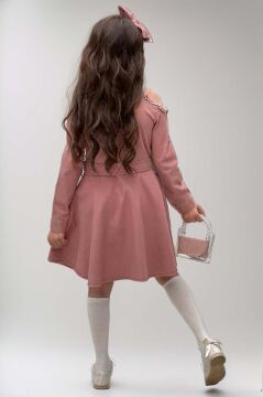 Kız Çocuk Omuzu ve Yakası Taş İşlemeli Pudra Elbise