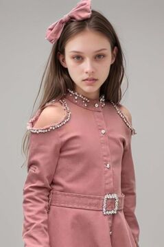 Kız Çocuk Omuzu ve Yakası Taş İşlemeli Pudra Elbise