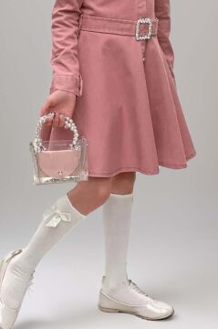 Kız Çocuk Omuzu ve Yakası Taş İşlemeli Pudra Elbise