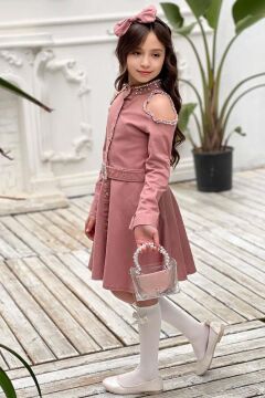 Kız Çocuk Omuzu ve Yakası Taş İşlemeli Pudra Elbise