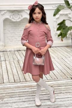 Kız Çocuk Omuzu ve Yakası Taş İşlemeli Pudra Elbise