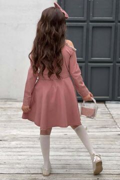 Kız Çocuk Omuzu ve Yakası Taş İşlemeli Pudra Elbise