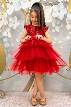 Kız Çocuk Üstü Pulpayet İşlemeli Katkat Kırmızı Abiye 4-7 Yaş