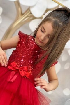 Kız Çocuk Üstü Pulpayet İşlemeli Katkat Kırmızı Abiye 4-7 Yaş