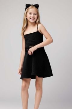 Kız Çocuk Omuzu Zincir Askılı Kemer Detaylı Siyah Elbise