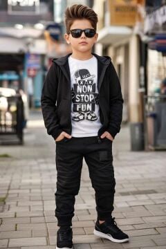 Erkek Çocuk Şapka Ve Non Stop Baskılı Kazak Cımalı Siyah Eşofman Takım