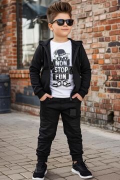 Erkek Çocuk Şapka Ve Non Stop Baskılı Kazak Cımalı Siyah Eşofman Takım