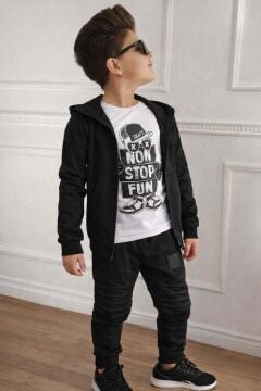 Erkek Çocuk Şapka Ve Non Stop Baskılı Kazak Cımalı Siyah Eşofman Takım