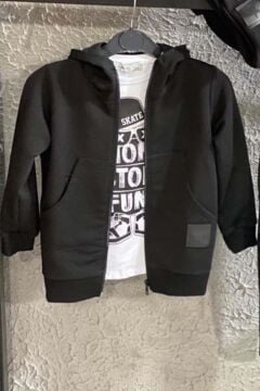 Erkek Çocuk Şapka Ve Non Stop Baskılı Kazak Cımalı Siyah Eşofman Takım