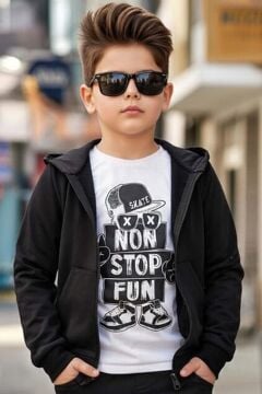 Erkek Çocuk Şapka Ve Non Stop Baskılı Kazak Cımalı Siyah Eşofman Takım