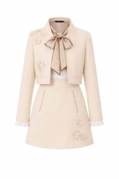 Kız Çocuk Kristal Taş Düğmeli Şifon Gömlek Çiçek Desen İşlemeli Ceket Süet Krem Etekli Takım