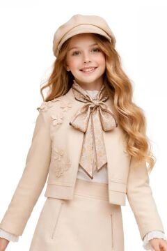 Kız Çocuk Kristal Taş Düğmeli Şifon Gömlek Çiçek Desen İşlemeli Ceket Süet Krem Etekli Takım