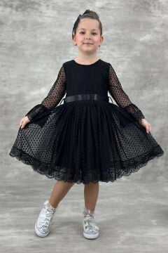 Kız Çocuk Üzeri Puantiye Detaylı Kolları Şeffaf Tüllü Prenses Siyah Elbise