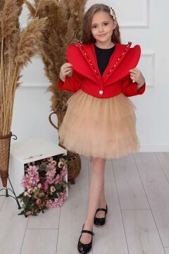 Kız Çocuk V Yaka ve Taş Detaylı Ceket Kırmızı Etekli Takım