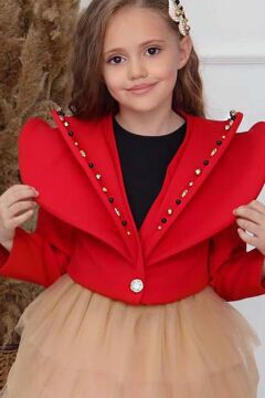 Kız Çocuk V Yaka ve Taş Detaylı Ceket Kırmızı Etekli Takım