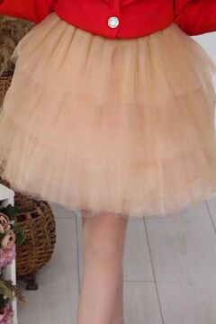 Kız Çocuk V Yaka ve Taş Detaylı Ceket Kırmızı Etekli Takım